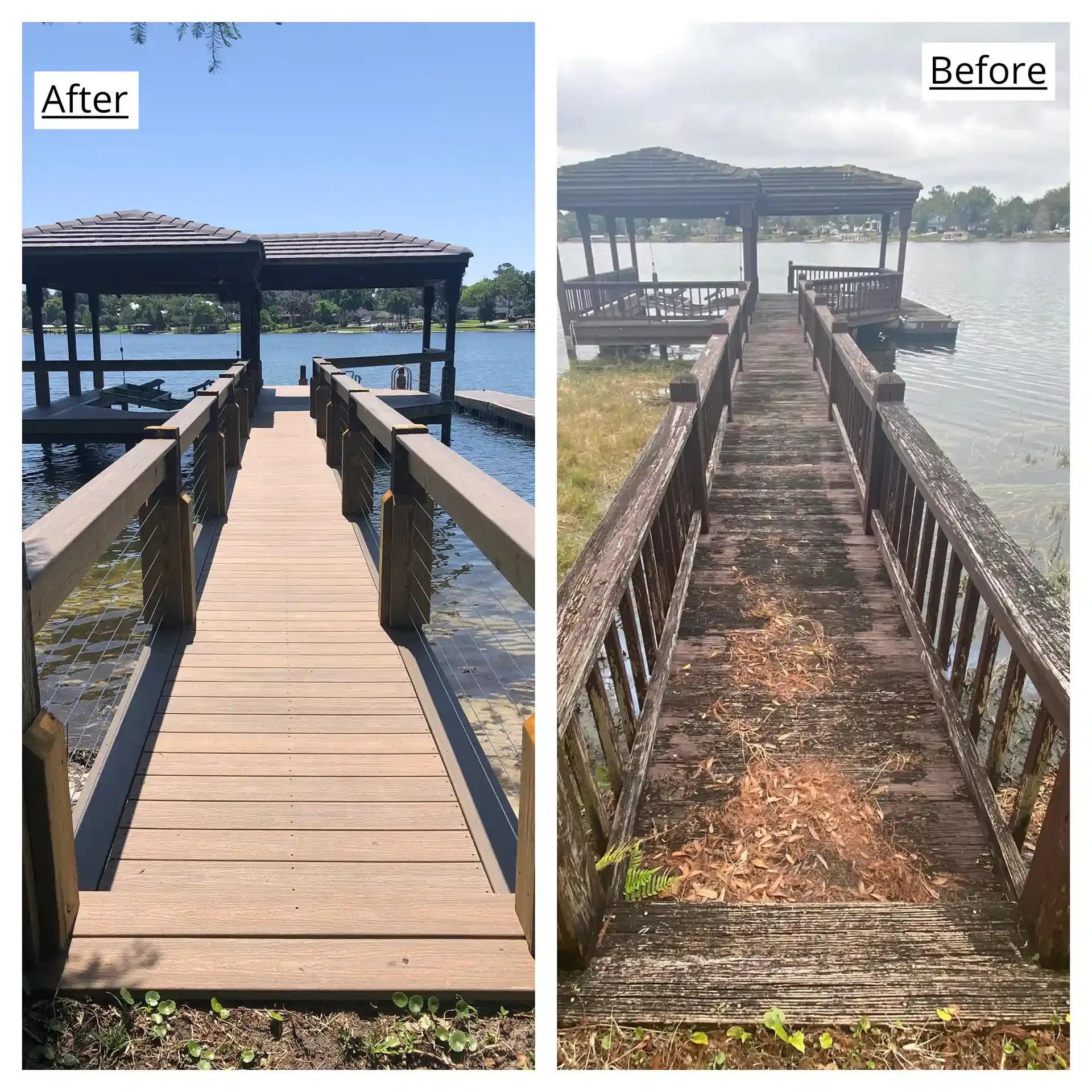 photo of a boat dock and walkway before and after