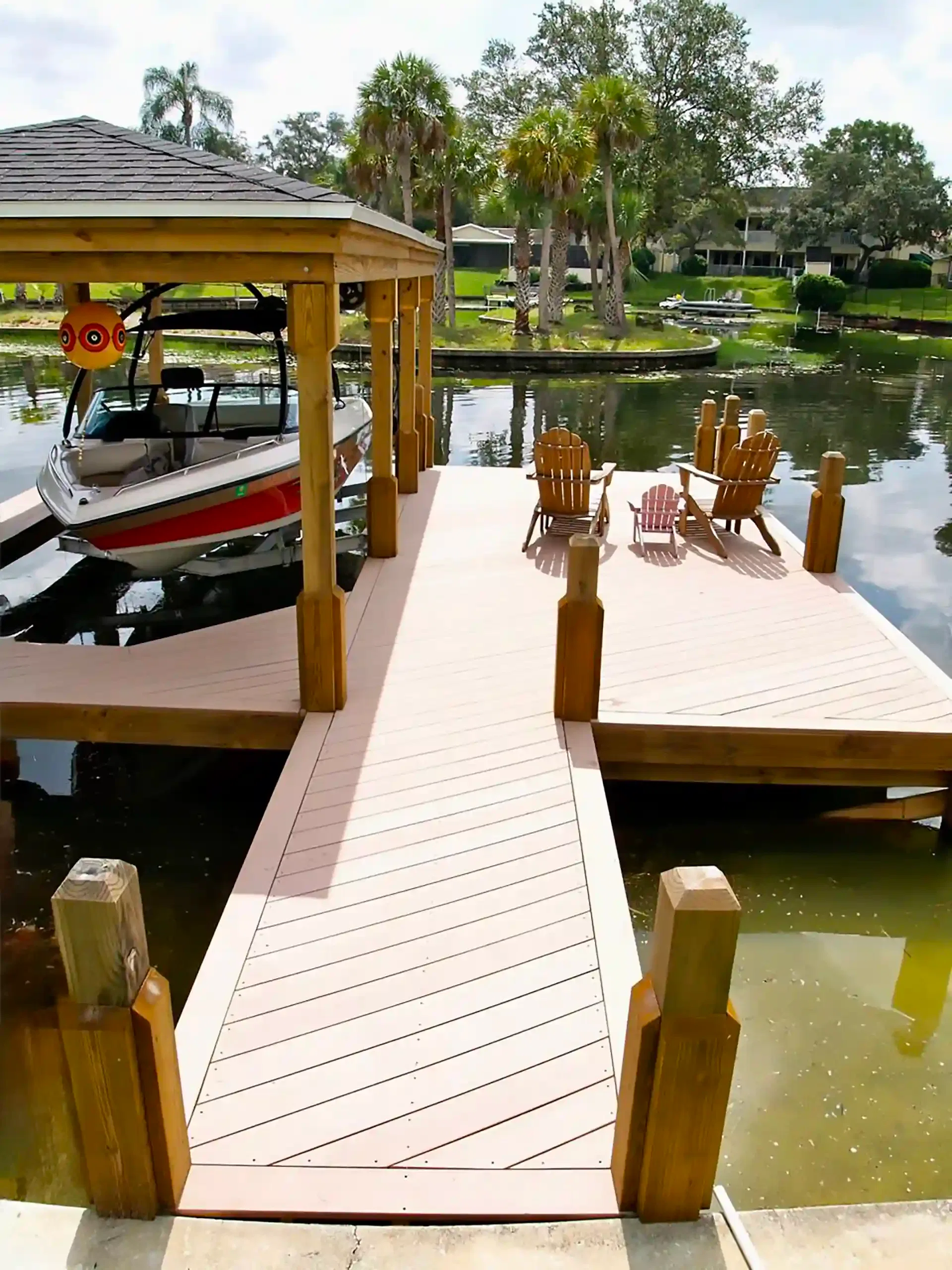 Photo of a boat house with angled decking.