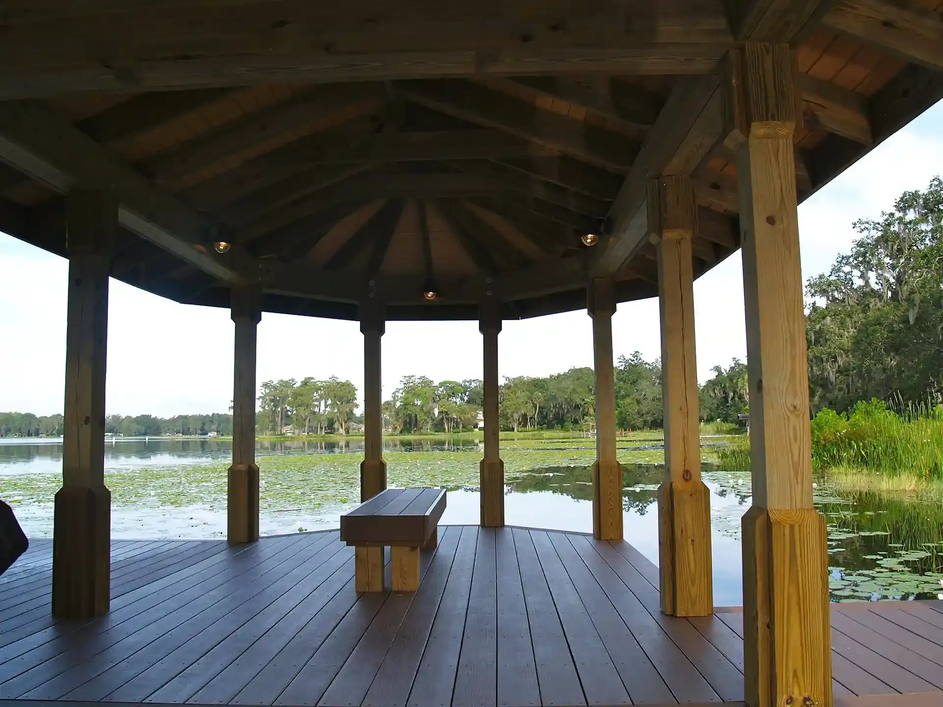 Photo of a boat house with curved decking.